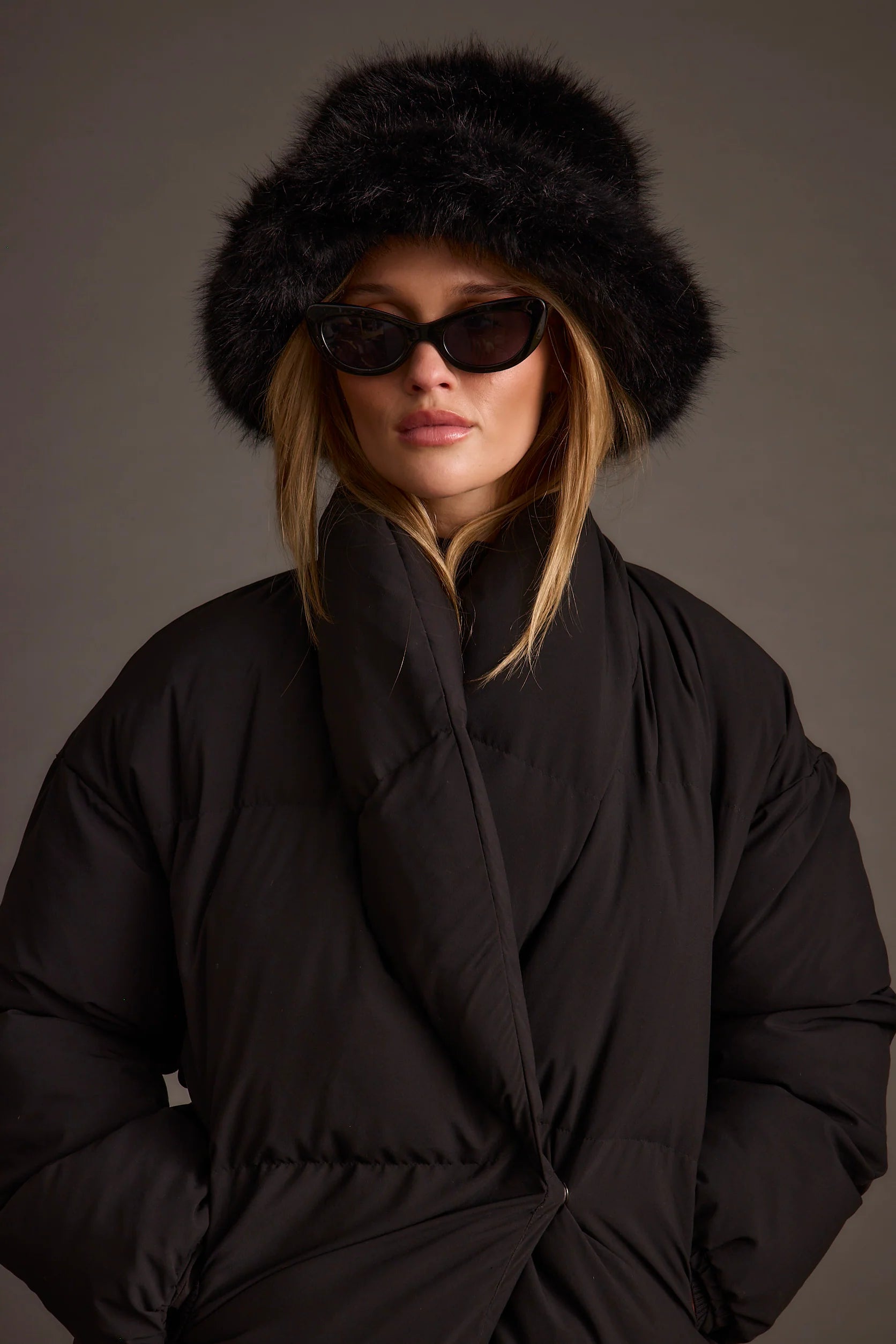 Bucket Down Black Faux Fur Hat