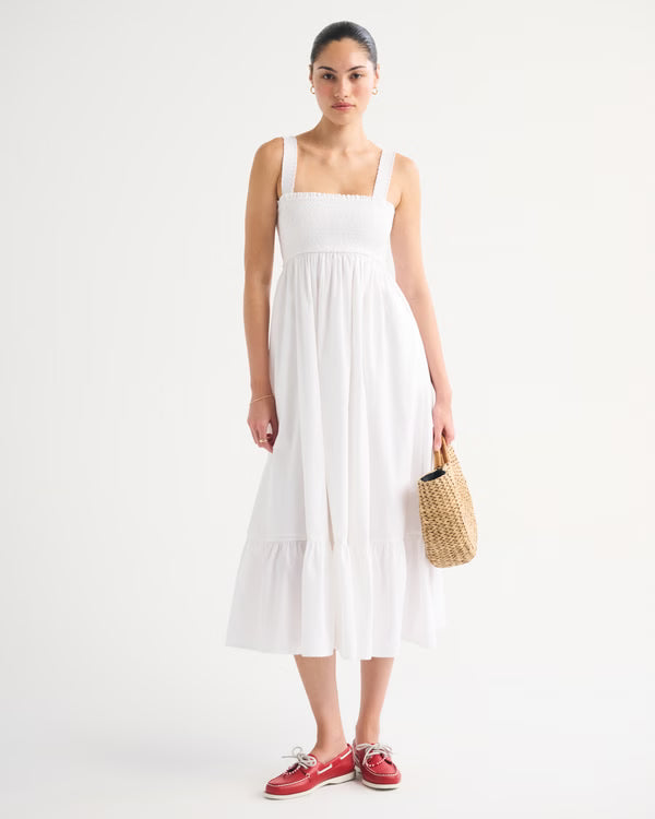 A&F Sydney Smocked Convertible Midi Dress-White