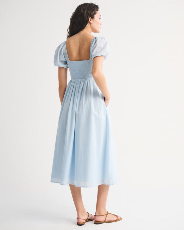 A&F Emerson Puff Sleeve Midi Dress-Pastel Blue