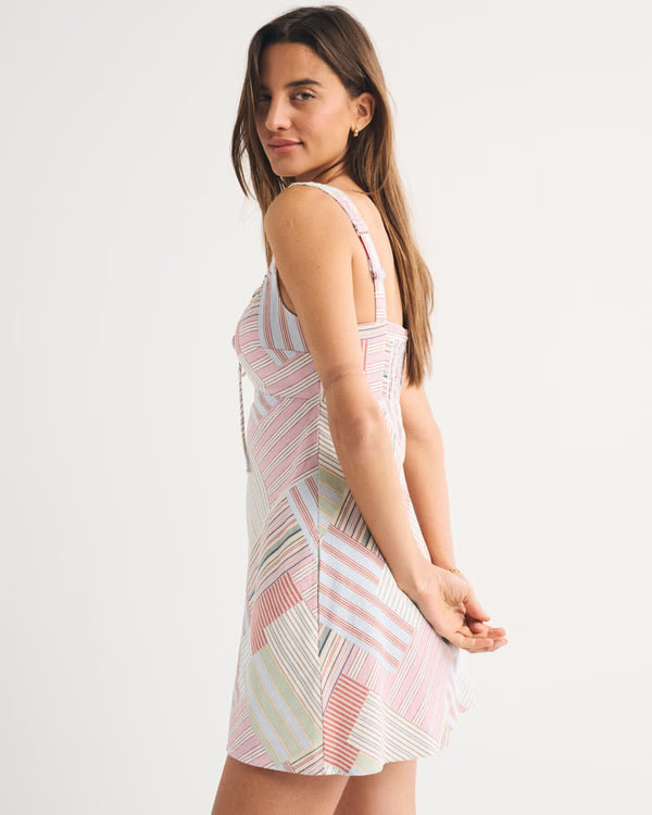 Bra-Free Tie-Front Linen-Blend Mini Dress-Pink Pattern