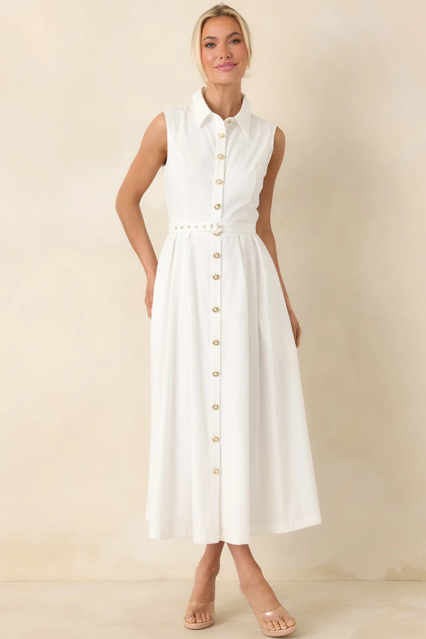 What Can I Say White Cotton Sleeveless Button Front Belted Maxi Dress