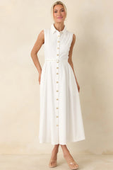 What Can I Say White Cotton Sleeveless Button Front Belted Maxi Dress