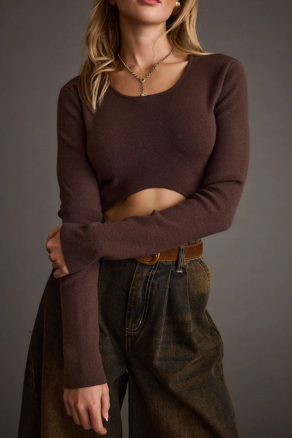Malorie Brown Cropped Ribbed Sweater