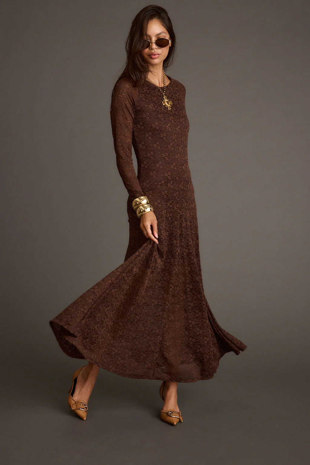 Tierra Brown Lace Long Sleeve Maxi Dress